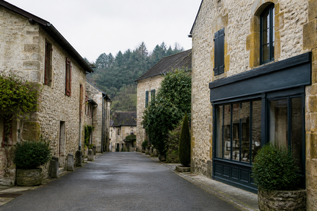 Petite ville rurale avec maisons pierre et commerces centre-bourg