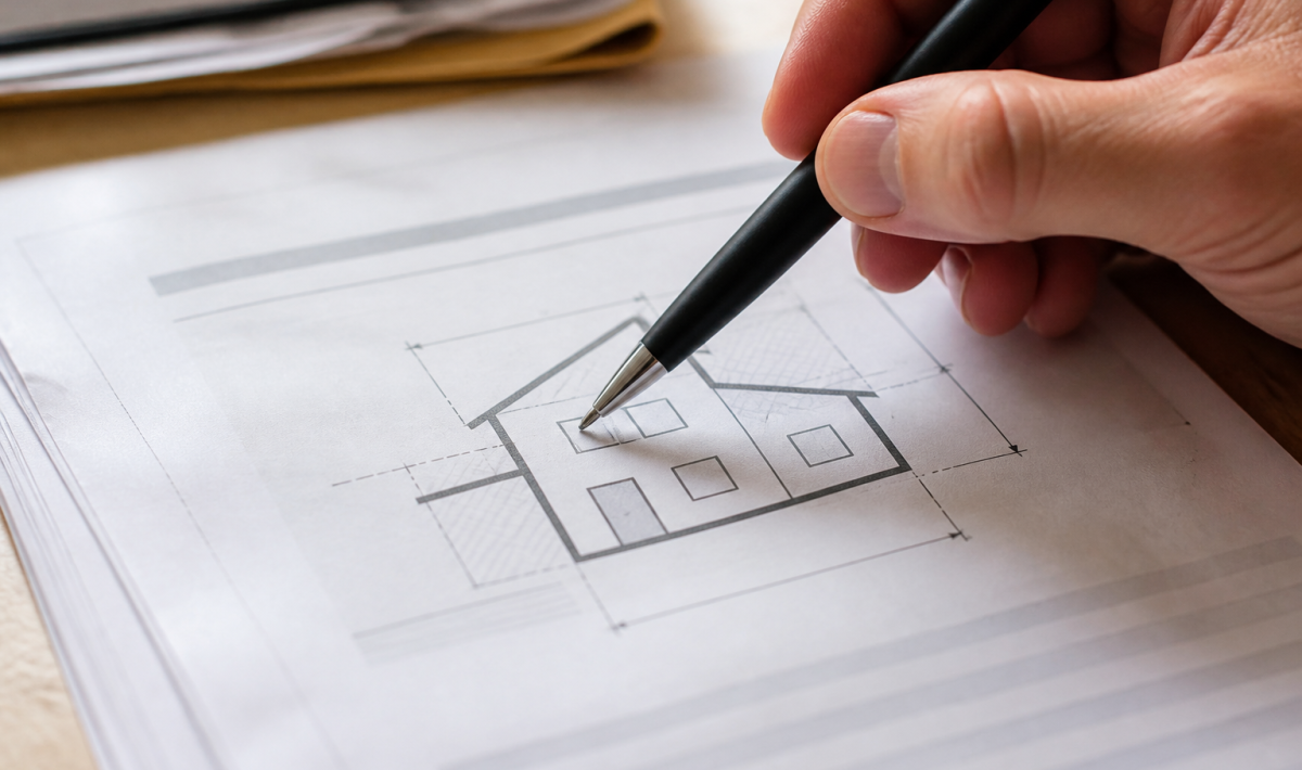 Document fiscal montrant superficie maison avec stylo pointant