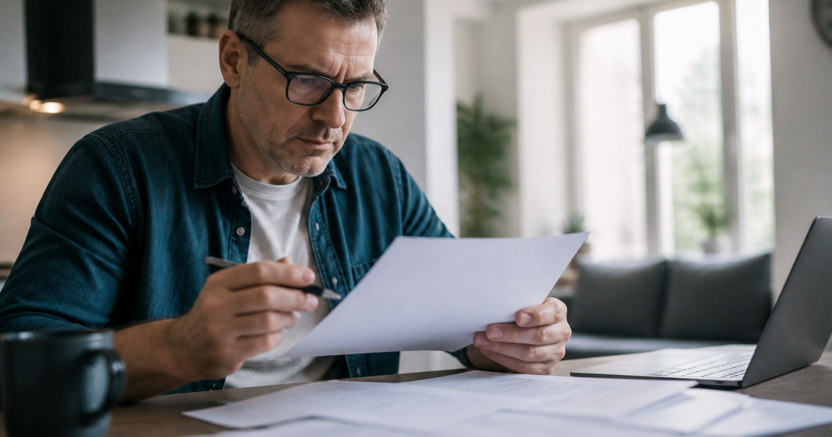 Propriétaire examine documents loyer avec stylo à main
