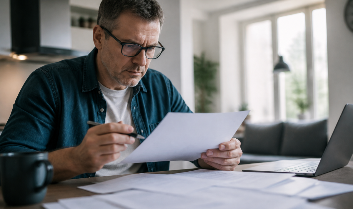 Propriétaire examine documents loyer avec stylo à main