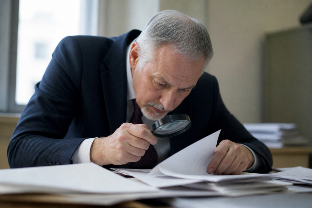 Agent examinant documents papier avec loupe de verification