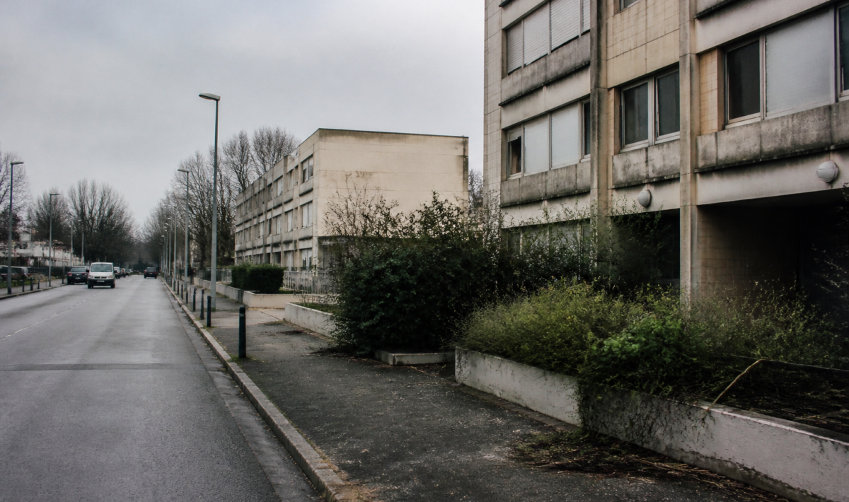 Rue desolee de Villepinte avec immeubles degrades et facades ternies